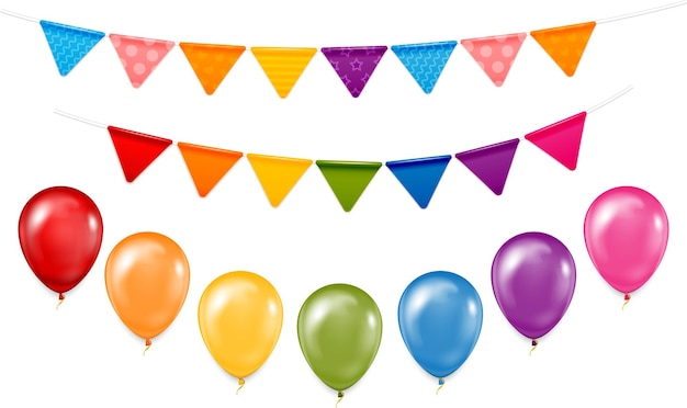 Set of colorful realistic balloons and party flags