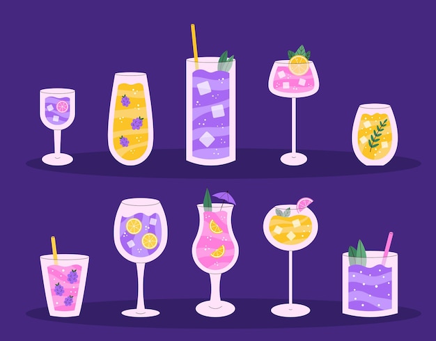 Set of colorful refreshing summer cocktails