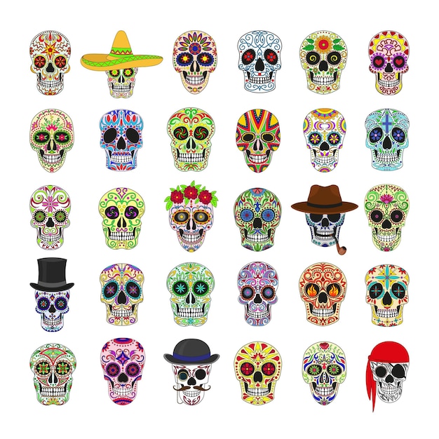 Set of colorful skulls for the day of the dead
