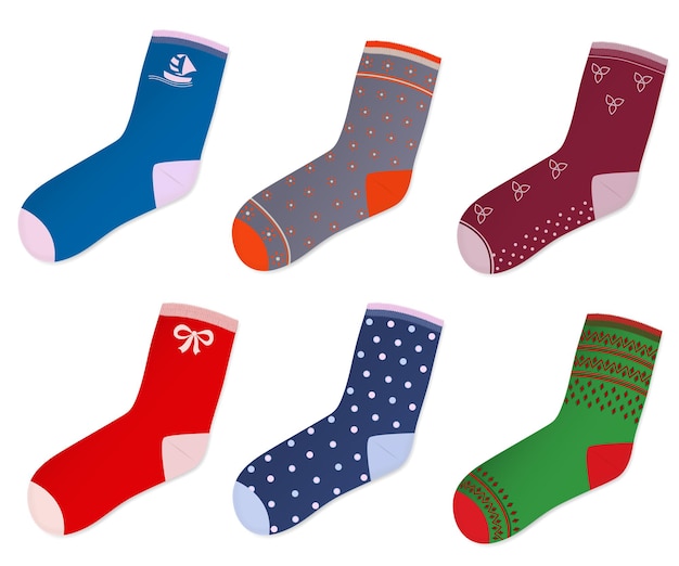 Set of colorful socks with different pattern on white background