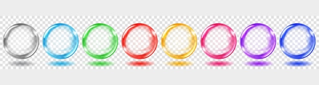 Set of colorful spheres with glares and shadows on transparent background