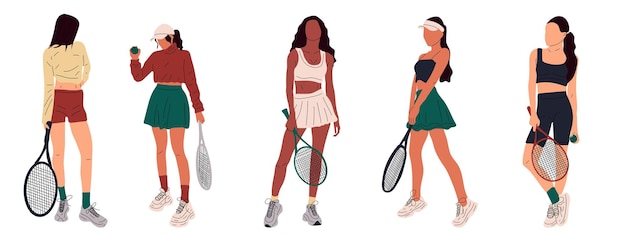 Set of Colorful sportswomen big tennis player Professional sports female holding racket