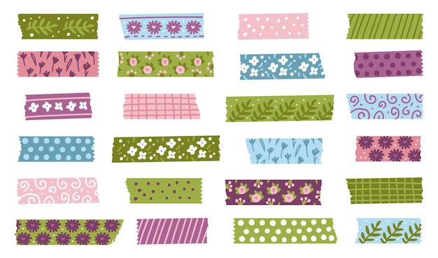 Set of colorful spring patterned washi tape strips and pieces of duct paper