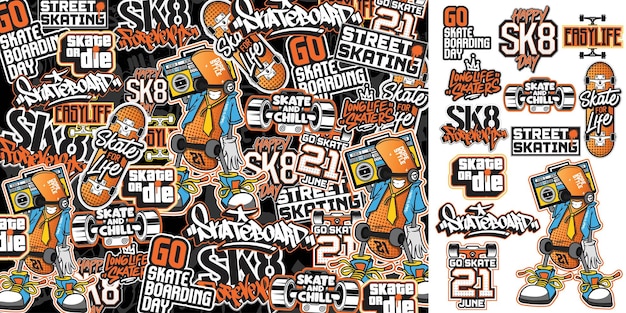 Набор красочных наклеек с иллюстрациями скейтборда в стиле граффити.