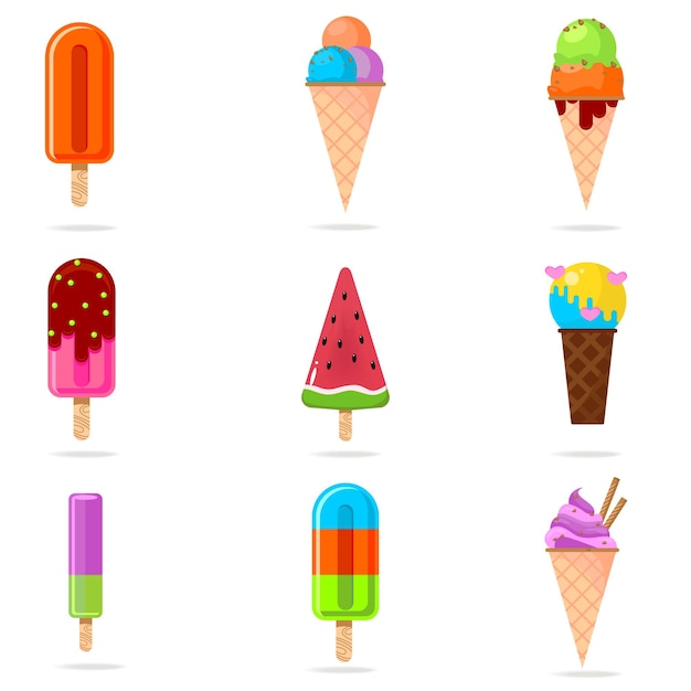 Set of colorful and tasty ice cream from different fruits and forms