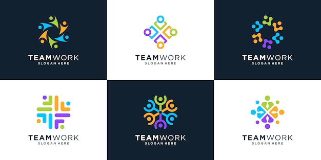 다채로운 팀워크 로고 디자인 템플릿 세트 현대인 또는 인류 상징 로고 터