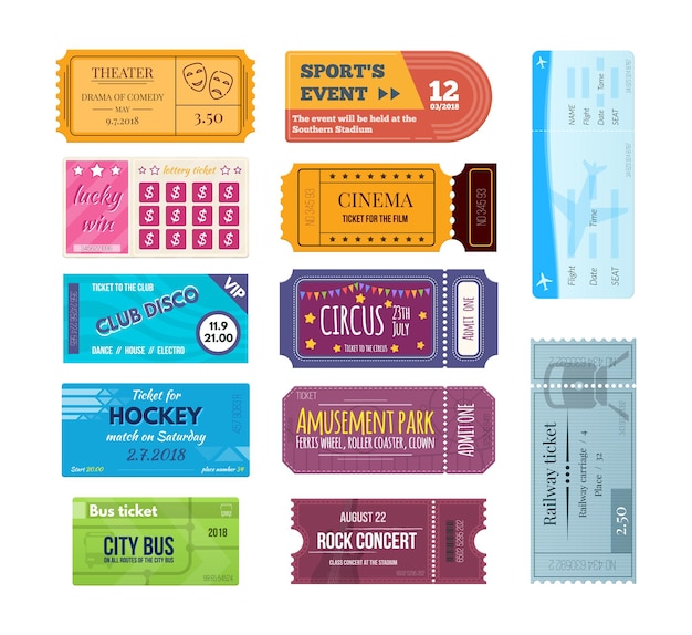 Set of colorful tickets and coupons on various events