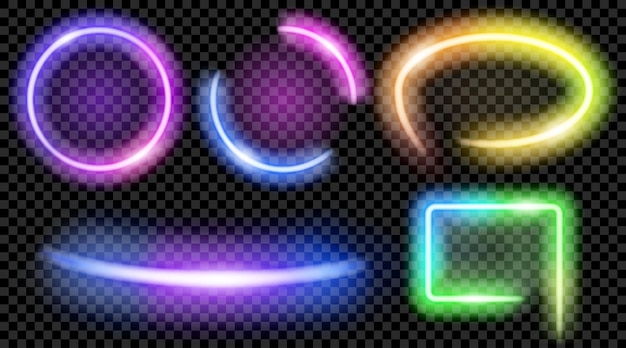 Set of colorful translucent neon frames on transparent background