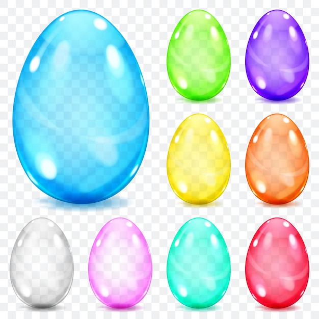 Set of colorful transparent glass Easter eggs with shadows