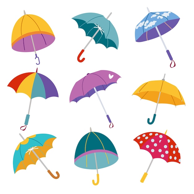 Set of colorful umbrellas Open umbrellas Hand drawn color vector illustration Cartoon style