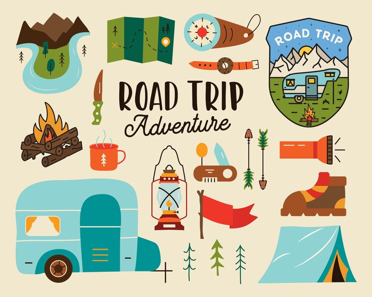 Set of colorful vector illustrations with van, camping and nature concept items for printed designs