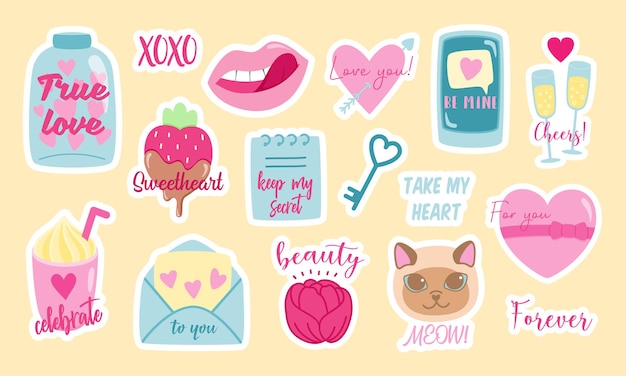 Set of colorful vector stickers of various stylish symbols of love and girlish slogans designed for valentines day celebration