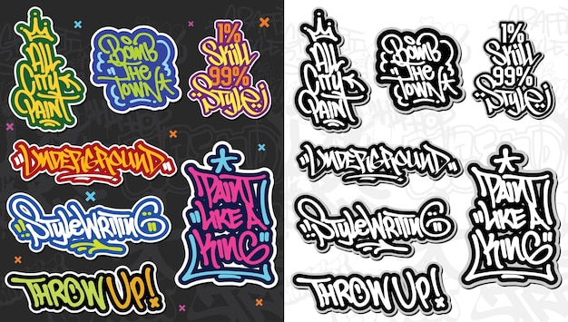 A set of colorful or vibrant graffiti art sticker designs. Street art urban theme