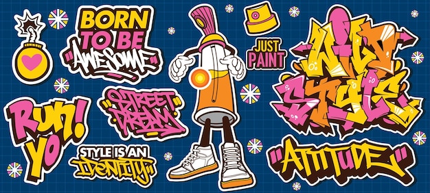 A set of colorful or vibrant graffiti art sticker designs. Street art urban theme