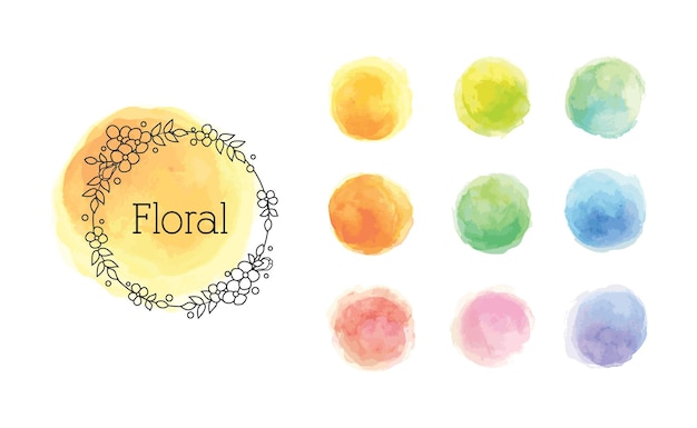 Set of colorful watercolor elements circle background with floral frame vector