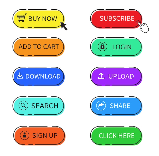 Set of the colorful web buttons. Buy now button.