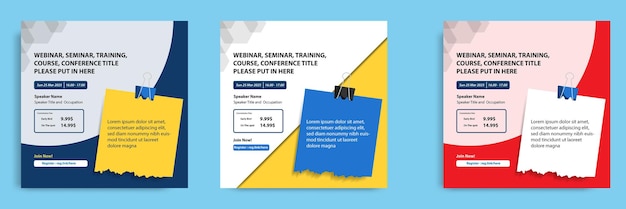 Set of colorful webinar, seminar, training, course modern square banner and flayer layout template