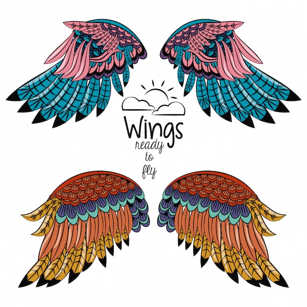 Set of colorful wings drawings