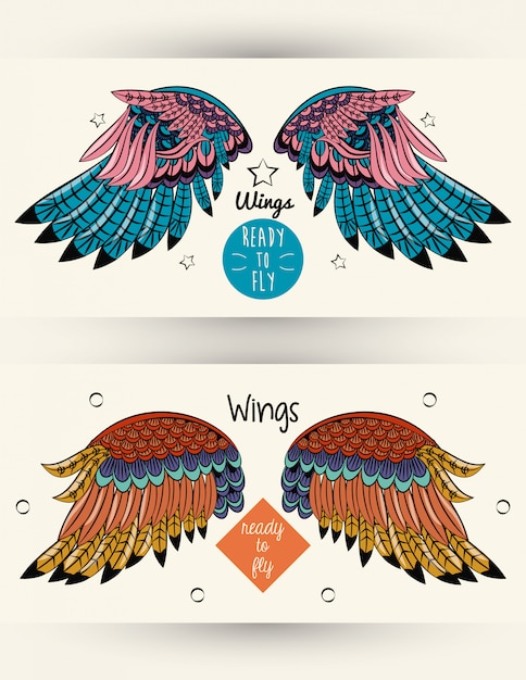 Set of colorful wings drawings
