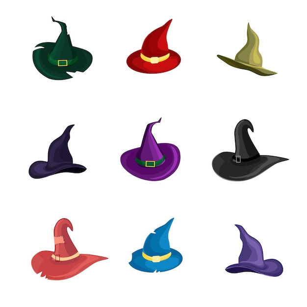 Un set di cappelli da strega colorati con una cintura un costume di halloween illustrazione vettoriale in stile cartone animato