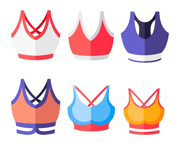 Vettore set di reggiseno sportivo da donna colorato. collezione di abbigliamento sportivo da donna. top da allenamento. illustrazione su sfondo bianco