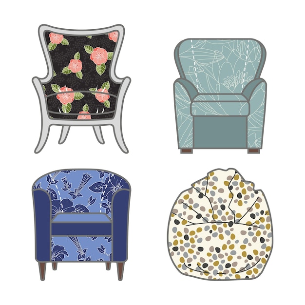 Vector set of colorfull and patterned vector armchairs