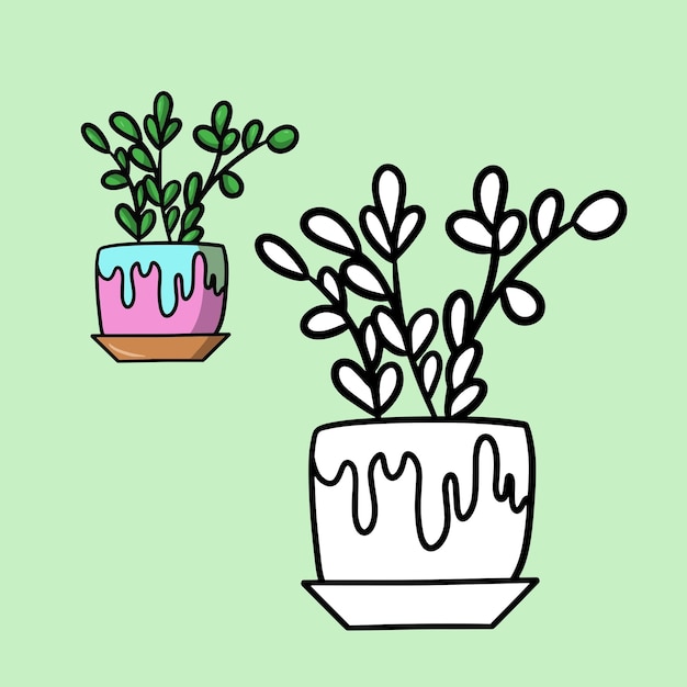 A set for a coloring book cartoon indoor plant in a ceramic pot tropical flower with small leaves vector