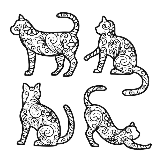 花飾り猫の塗り絵のページのセット