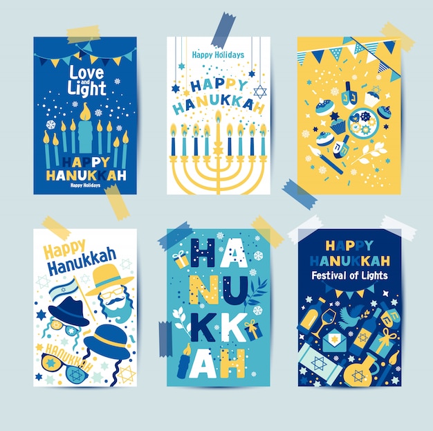 Vector set of colors six hanukkah greeting cards with candles