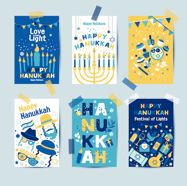 Set di colori sei biglietti di auguri hanukkah con candele