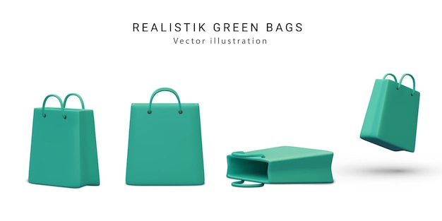 現実的なスタイルの色緑の現実的なショッピング バッグのセット スタイリッシュなファッショナブルなバッグ ホワイト バック グラウンド 3D ベクター イラストを分離