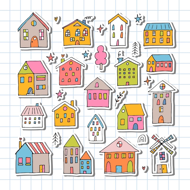 Vector set of coloured hand drawn houses collection of sketched buildings doodle style cute stickers