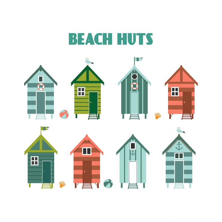 Vector set of colourful beach huts.