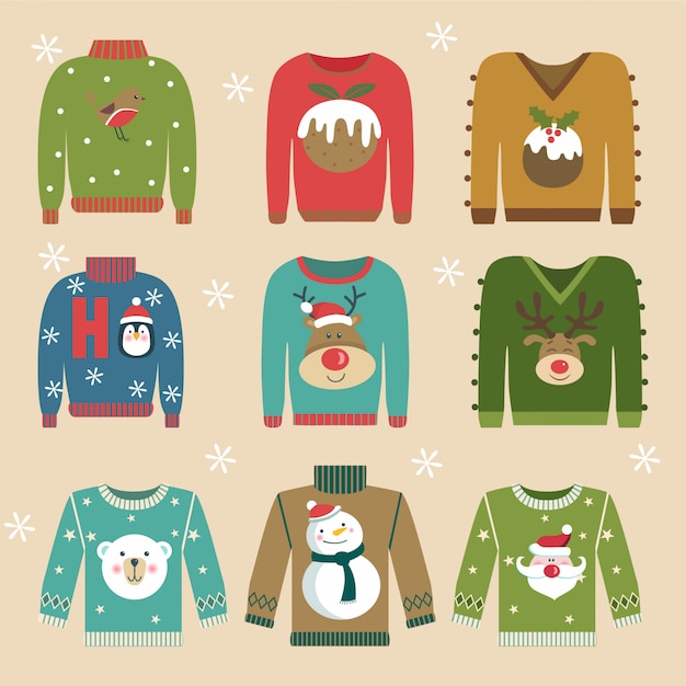 Vector set of colourful christmas jumpers.