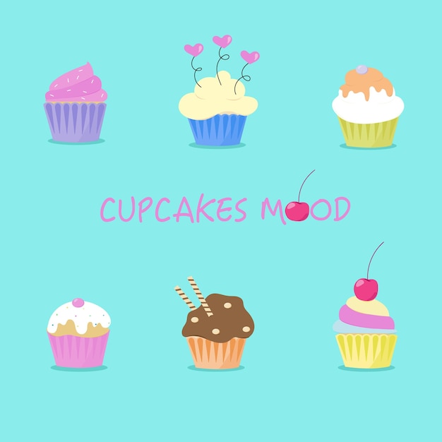 Set of colourful cupcakes on the blue background