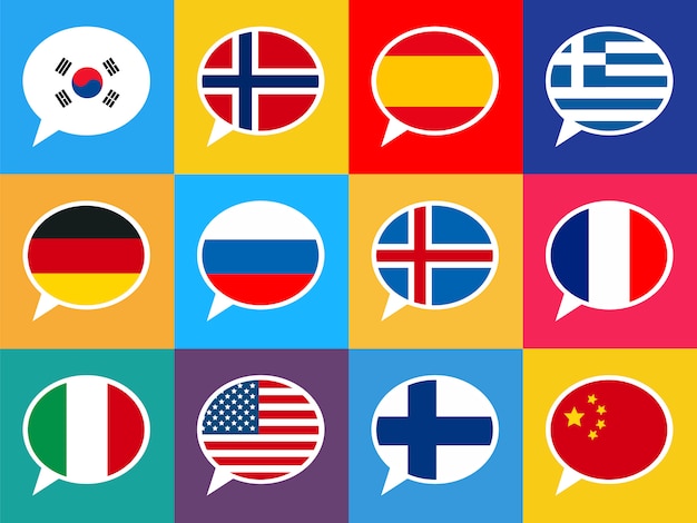 Set of colourful speech bubbles with different countries flags. languages   illustration.