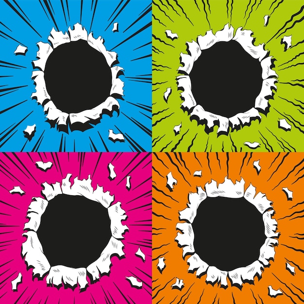 Vector set of comic book holes vector paper is torn through boom explosion circle holes in the middle on color backgrounds comics style cover template or flyer wallpapers