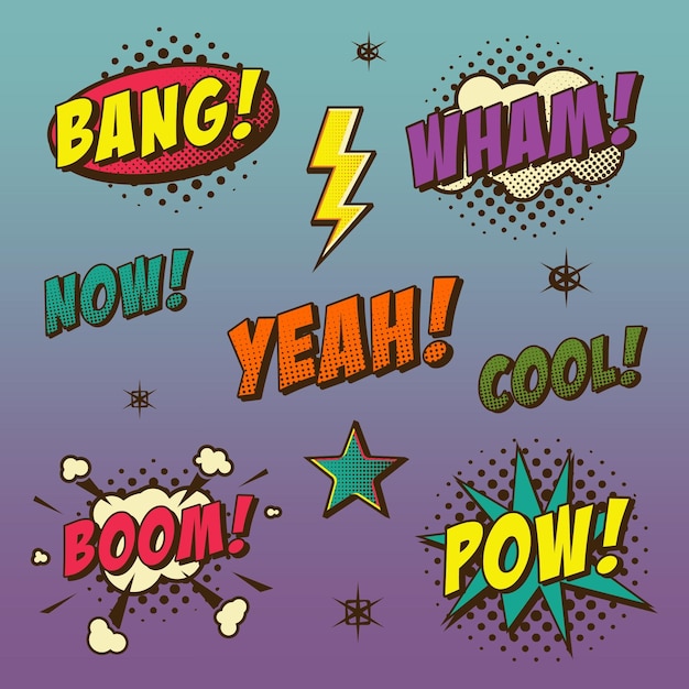 Vector set of comic book style elements vector illustration pow boom yeah cool bang wham and now