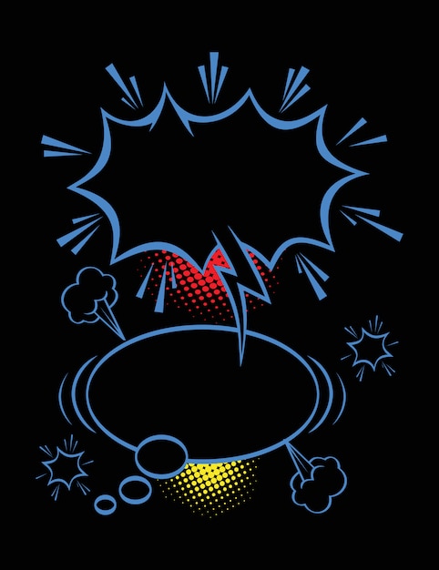 A set of comic bubbles and elements with halftone shadows on black background