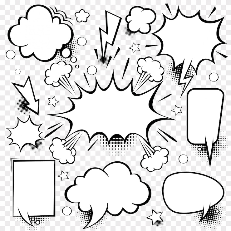 Vector a set of comic bubbles and elements with halftone shadows.
