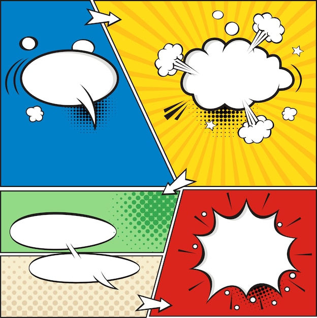 A set of comic bubbles and elements with halftone shadows