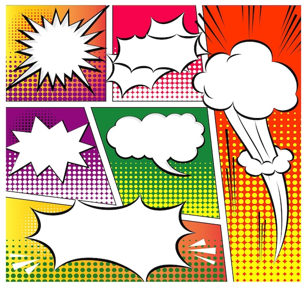 Vector set of comic bubbles template or color bubble speech with halftone shadows or vintage bubble speech