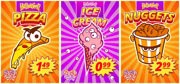 Vector a set of comic menus with nuggets ice cream pizza for a fast food cafe for halloween vector clipart