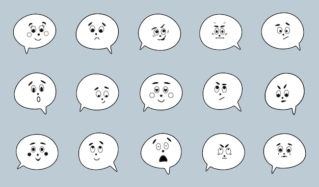 Set of comic speech bubbles with different emotions in doodle style Vector thinking clouds with cartoon face Emoji symbol