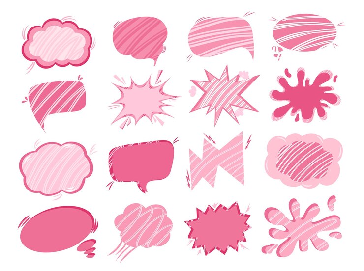 Set of comic speech bubbles without words in pop art in the style of the 90s in pink colors