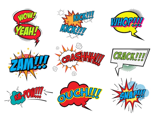 Set of comic style phrases  on white background. Pop art style phrases set. Wow! Oops! Whop!   element for poster, flyer.  design element.