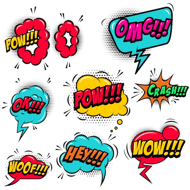 Set of comic style speech bubbles with sound text effects.  element for poster, card, banner, flyer.  illustration