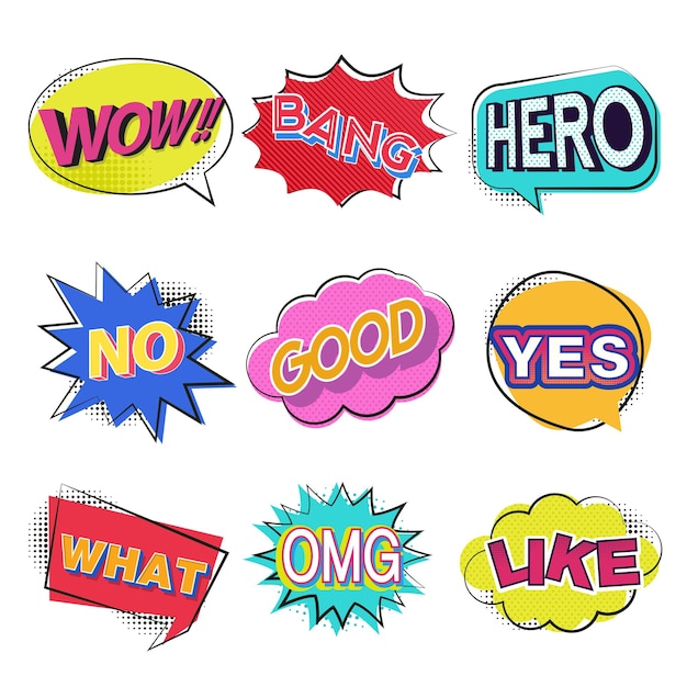 Vector set of comic text pop art style or comic speech bubbles set with different emotions
