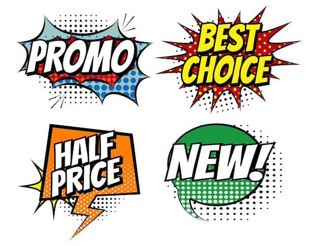 Set of commercial comic bubbles template or black white bubble speech with halftone shadows