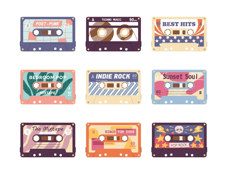 Vector 80年代、90年代のコンパクトなアナログオーディオカセットのセット。古い学校の音楽ミックステープが入った別のレトロなオーディオカセット。フラット ベクトル漫画イラストは、白い背景で隔離。